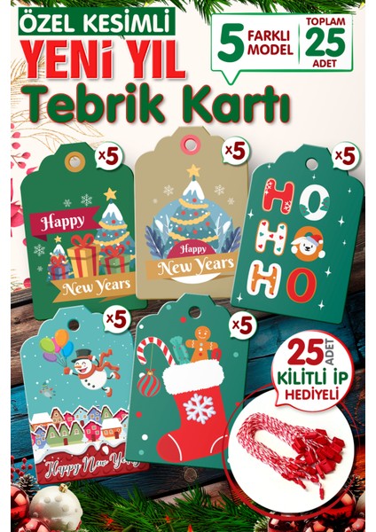 Yılbaşı Hediye Paketi Etiketi 25 Adet 7 x 4 5 cm 25 Adet Kilitli Ip Hediyeli Happy New Year Y3 T1017