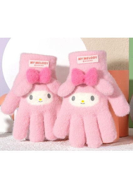 Pembe Örme Yumuşacık Sıcacık Eldiven Pembe Kulak Fiyonk 3-8 Yaş