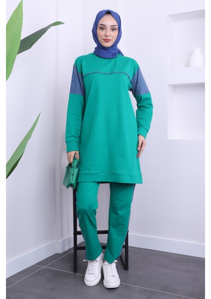 Yeşil Kot Detaylı Tunik Pantolonlu İki İplik Takımı