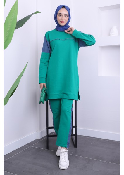 Yeşil Kot Detaylı Tunik Pantolonlu İki İplik Takımı fiyatları