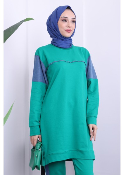 Yeşil Kot Detaylı Tunik Pantolonlu İki İplik Takımı modelleri