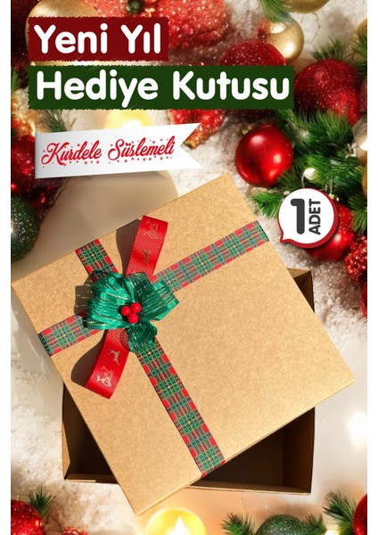 Yılbaşı Temalı Kraft 25 x 25 x 10 cm Boş Hediye Kutusu 1 Adet, Yılbaşı Hediye KUTUSU-T1082
