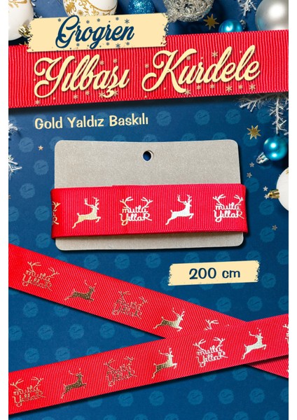 Yılbaşı Kurdele Grogren 2 mt Kırmızı-Gold Geyik Desenli -T1065