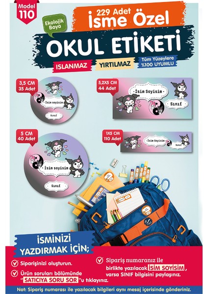 Okul Etiketi Kuromi Temalı Kalem Defter Etiketi Özel Isim Yazılabilen Etiket Seti