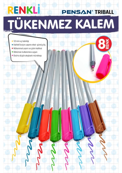 Triball Tükenmez Kalem Renkli 8'li T1096