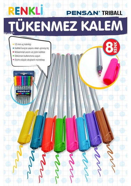 Triball Tükenmez Kalem Renkli 8'li T1096 modelleri