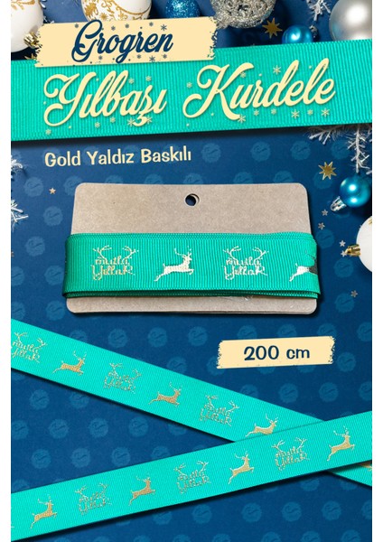 Yılbaşı Kurdele Grogren 2 mt Yeşil-Gold Geyik Desenli -T1066