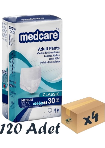 Classic Emici Külot - Yetişkin Hasta Bezi - 5,5 Damla - Medium Beden - 30'lu Paket x 4 Adet