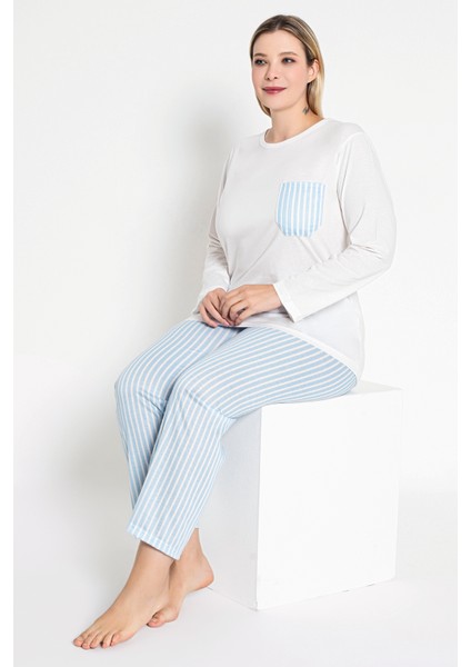 Kadın Uzun Kollu Ekru ve Mavi Çizgili Pijama Takımı B-41