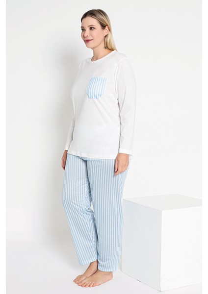 Kadın Uzun Kollu Ekru ve Mavi Çizgili Pijama Takımı B-41