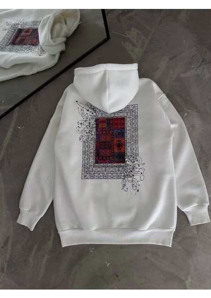 Uzun Kol Kapşonlu Ön ve Arka Baskılı Sweatshirt - Beyaz