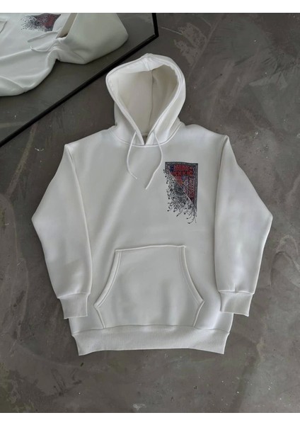 Uzun Kol Kapşonlu Ön ve Arka Baskılı Sweatshirt - Beyaz