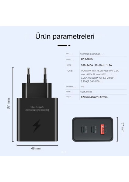 Type C & Type A Hizli Sarj Aleti Uclu 2xtype C- USB (65W - 25W - 15W)ADAPTÖR
