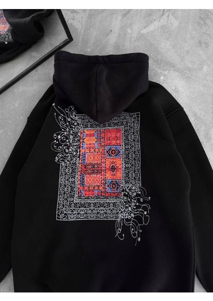 Uzun Kol Kapşonlu Ön ve Arka Baskılı Sweatshirt - Siyah