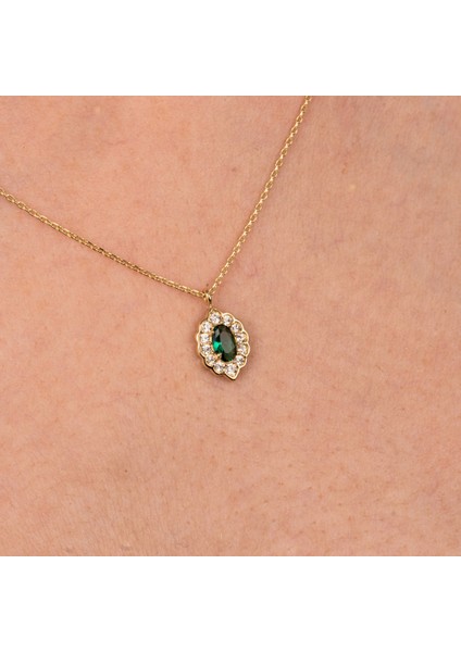 Altın Kolye - Altın Kolye - Zümrüt Oval Taşlı 14 Ayar Altın Kolye
