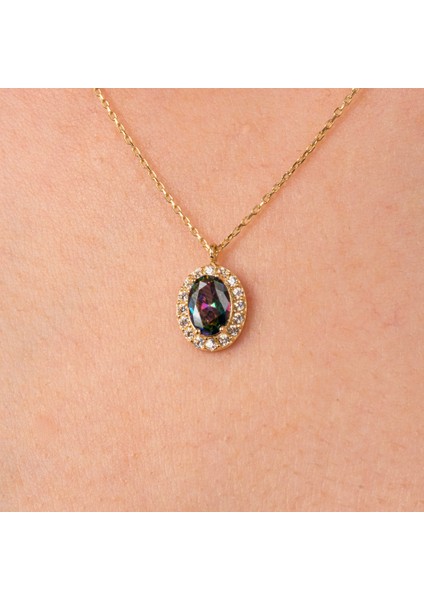 Altın Kolye - Altın Kolye - Oval Mistik Topaz Taşlı Vintage Tasarım 14 Ayar Altın Kolye