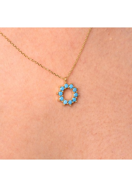 Altın Kolye - Altın Kolye - Yuvarlak Firuze (Turkuaz) Taşlı 14 Ayar Altın Kolye