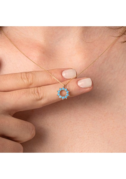 Altın Kolye - Altın Kolye - Yuvarlak Firuze (Turkuaz) Taşlı 14 Ayar Altın Kolye modelleri