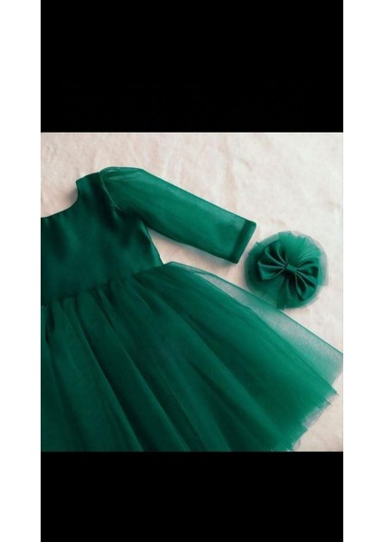 Kız Çocuk Yeşil Uzun Tül Kol Elbise