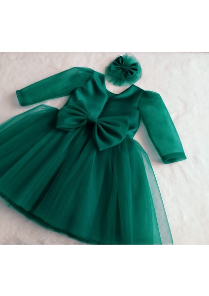 Kız Çocuk Yeşil Uzun Tül Kol Elbise modelleri