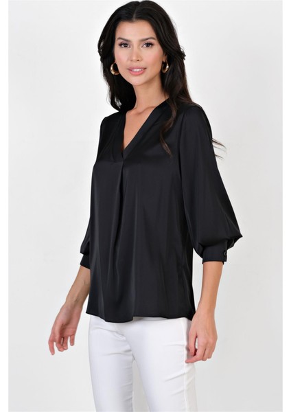 Marsh V Yaka Saten Bluz SİYAH modelleri