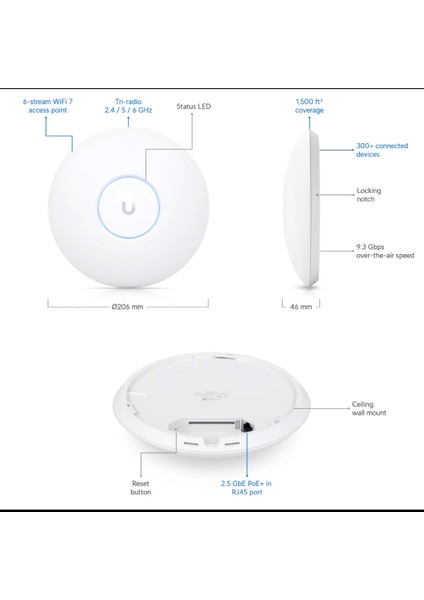 Ubıquıtı Uap-U7-Pro, Unifi, Triple Band, 5765MBPS, Wifi6, Tavan Tipi, Access Point (Poe Adaptör Çıkmaz)