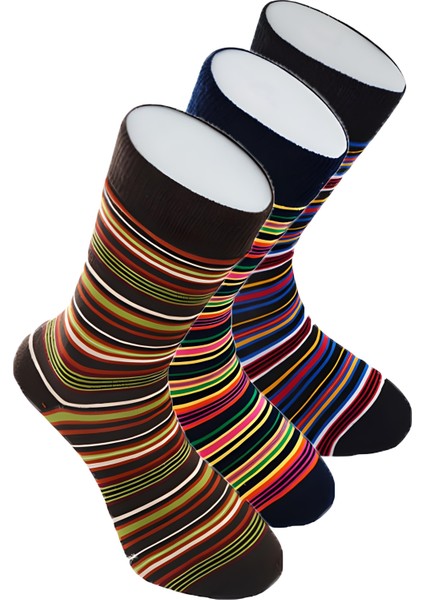 Erkek Pamuk Dikişsiz Ince Çizgili Renkli Konforlu Rahat Özel Seri 3'lü Soket Çorap