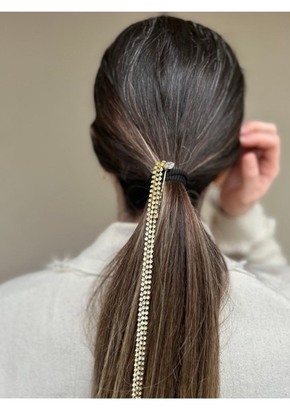 Taşlı Saç Zinciri Gold Zincir Beyaz Taşlı Saç Tokası Düğün-Günlük