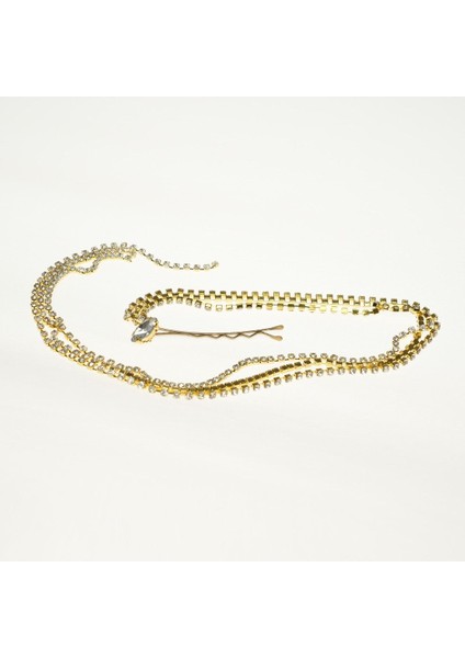 Taşlı Saç Zinciri Gold Zincir Beyaz Taşlı Saç Tokası Düğün-Günlük modelleri