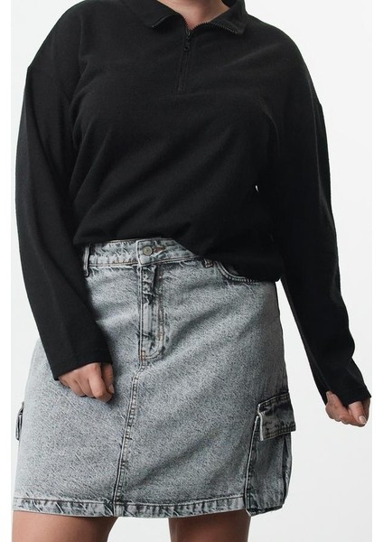 Kadın Büyük Beden Moda Şık Regular Dik Yaka Düşük Kol Crop Sweatshirt