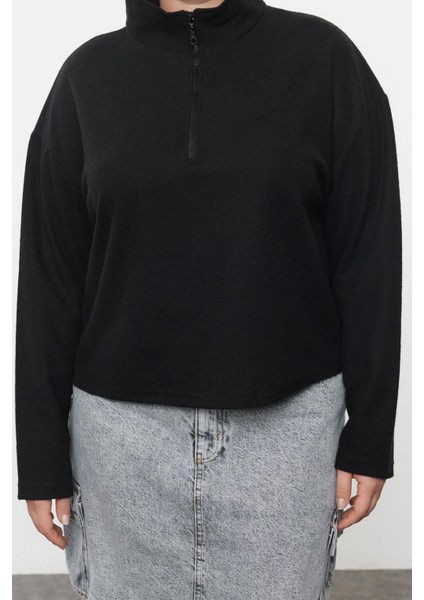 Kadın Büyük Beden Moda Şık Regular Dik Yaka Düşük Kol Crop Sweatshirt