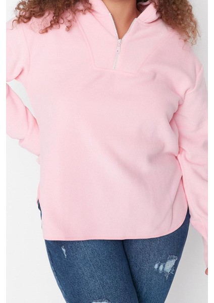 Kadın Büyük Beden Moda Şık Oversize Kapüşonlu Düşük Kol Regular Kalın Polar Örme Sweatshirt