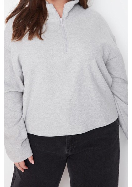 Kadın Büyük Beden Moda Şık Regular Dik Yaka Düşük Kol Crop Fermuarlı Selanik Ince Örme Sweatshirt