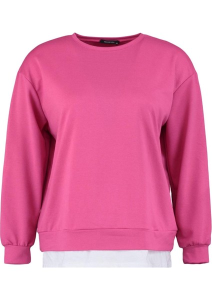 Kadın Büyük Beden Oversize Bisiklet Yaka Düşük Kol Alttan T-Shirt Çıkma Görünüm Ince Örme Sweatshirt