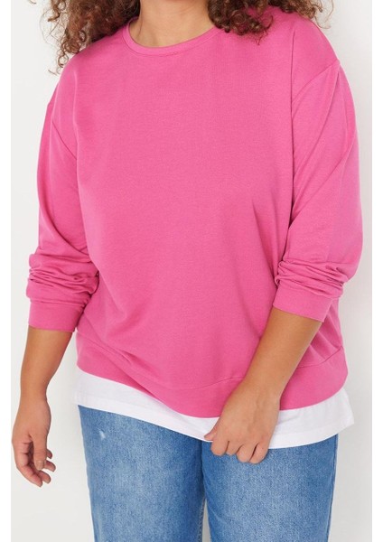 Kadın Büyük Beden Oversize Bisiklet Yaka Düşük Kol Alttan T-Shirt Çıkma Görünüm Ince Örme Sweatshirt fiyatları