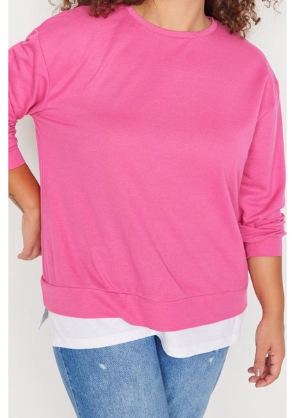 Kadın Büyük Beden Oversize Bisiklet Yaka Düşük Kol Alttan T-Shirt Çıkma Görünüm Ince Örme Sweatshirt indirimleri