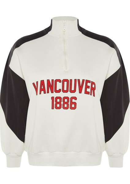 Kadın Büyük Beden Moda Şık Regular Dik Yaka Düşük Kol Regular Baskılı Kalın Şardonlu Örme Sweatshirt