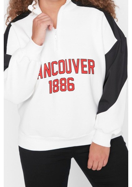 Kadın Büyük Beden Moda Şık Regular Dik Yaka Düşük Kol Regular Baskılı Kalın Şardonlu Örme Sweatshirt