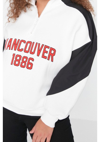 Kadın Büyük Beden Moda Şık Regular Dik Yaka Düşük Kol Regular Baskılı Kalın Şardonlu Örme Sweatshirt
