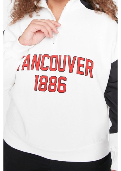 Kadın Büyük Beden Moda Şık Regular Dik Yaka Düşük Kol Regular Baskılı Kalın Şardonlu Örme Sweatshirt