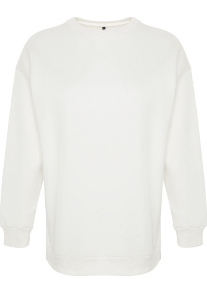 Kadın Büyük Beden Oversize Bisiklet Yaka Standart Kol Bej Kalın Polarlı Yırtmaçlı Örme Sweatshirt