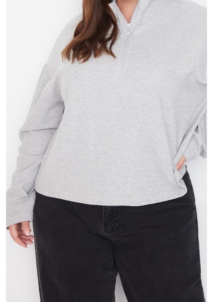 Kadın Büyük Beden Moda Şık Regular Dik Yaka Düşük Kol Crop Fermuarlı Selanik Ince Örme Sweatshirt fiyatları