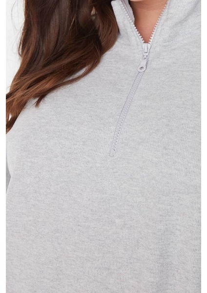Kadın Büyük Beden Moda Şık Regular Dik Yaka Düşük Kol Crop Fermuarlı Selanik Ince Örme Sweatshirt modelleri