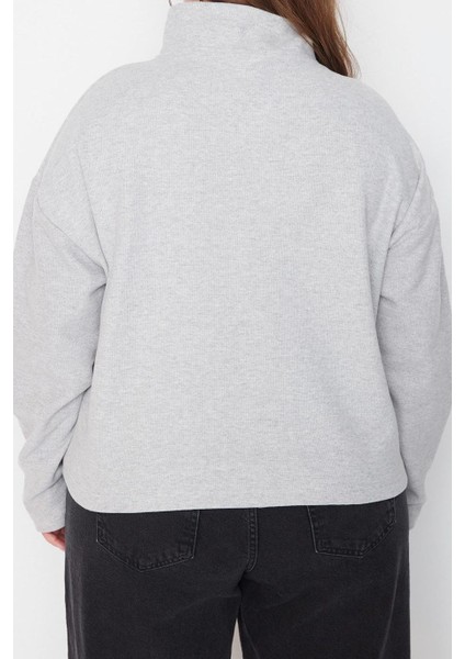 Kadın Büyük Beden Moda Şık Regular Dik Yaka Düşük Kol Crop Fermuarlı Selanik Ince Örme Sweatshirt indirimleri