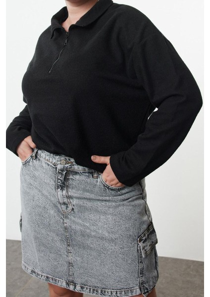 Kadın Büyük Beden Moda Şık Regular Dik Yaka Düşük Kol Crop Sweatshirt modelleri