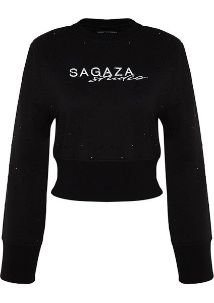 Kadın Moda Şık Regular Bisiklet Yaka Standart Kol Regular Parlak Taş Baskılı Sweatshirt