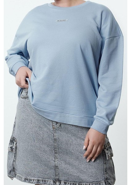 Kadın Büyük Beden Moda Şık Oversize Bisiklet Yaka Düşük Kol Regular Mavi Içi Polarlı Örme Sweatshirt