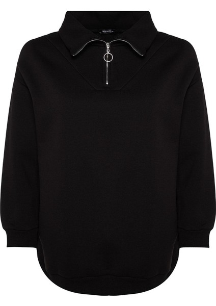 Kadın Büyük Beden Oversize Fermuarlı Yaka Düşük Kol Uzun Kalın Içi Polarlı Fermuarlı Örme Sweatshirt