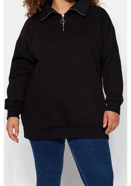 Kadın Büyük Beden Oversize Fermuarlı Yaka Düşük Kol Uzun Kalın Içi Polarlı Fermuarlı Örme Sweatshirt modelleri
