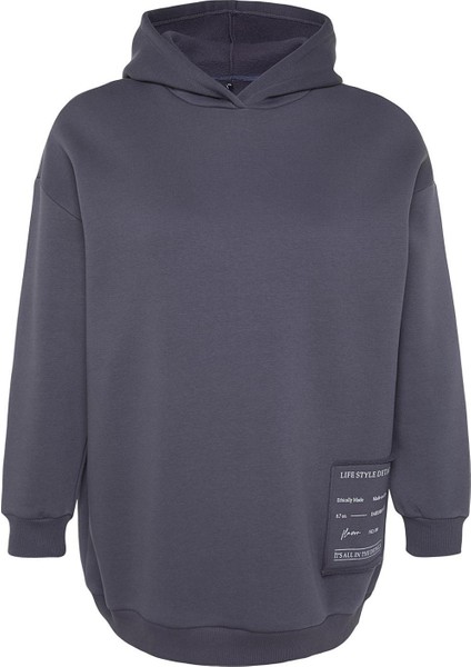 Kadın Büyük Beden Relaxed Kapüşonlu Düşük Kol Regular Slogan Detaylı Içi Polar Kalın Örme Sweatshirt